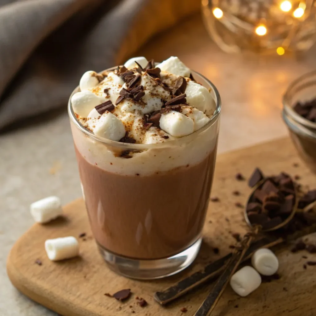 creamy hot chocolate topped with marshmallows