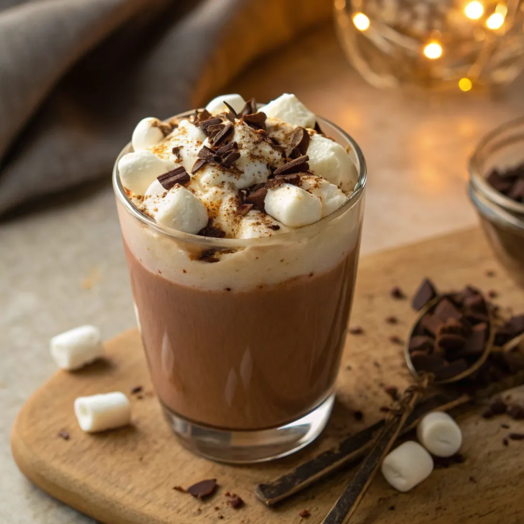 creamy hot chocolate topped with marshmallows