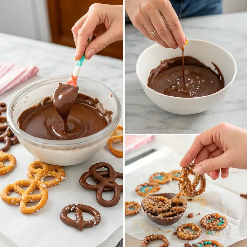 Homemade Chocolate Covered Pretzels Recipe 7 Step-by-step collage of making chocolate covered pretzels
