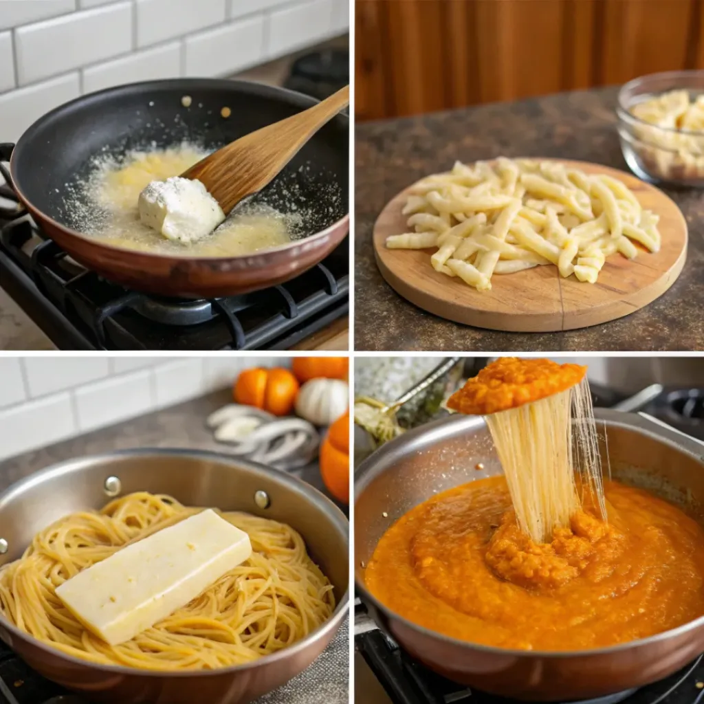 Creamy Pumpkin Alfredo – Cozy Fall Pasta Comfort 7 Step-by-step process collage of making pumpkin Alfredo