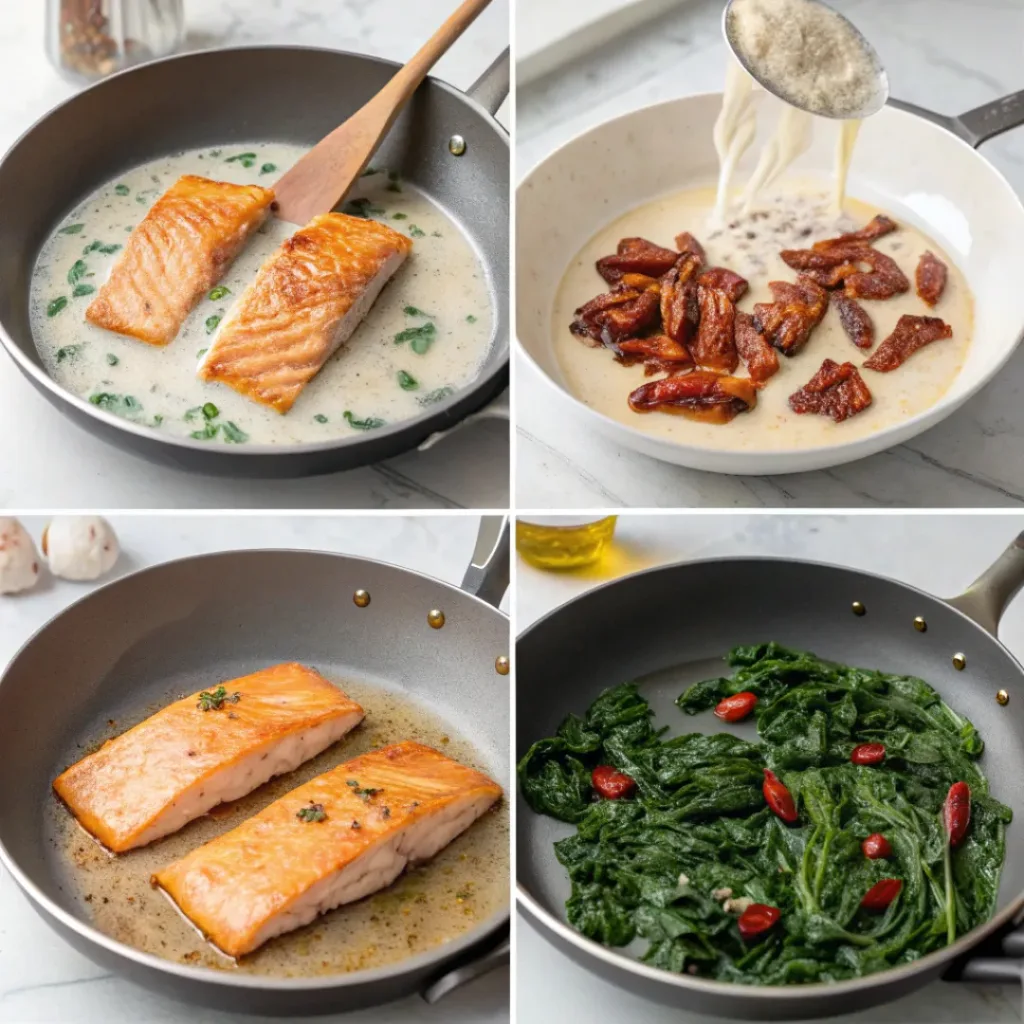 Creamy Tuscan Salmon – Flavorful One-Pan Dinner 7 Step-by-step process of cooking creamy Tuscan salmon