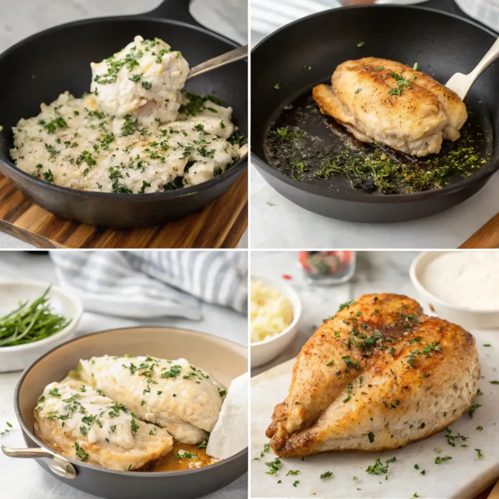 Herbed Goat Cheese Stuffed Chicken 7 Step-by-step collage of making herbed goat cheese stuffed chicken