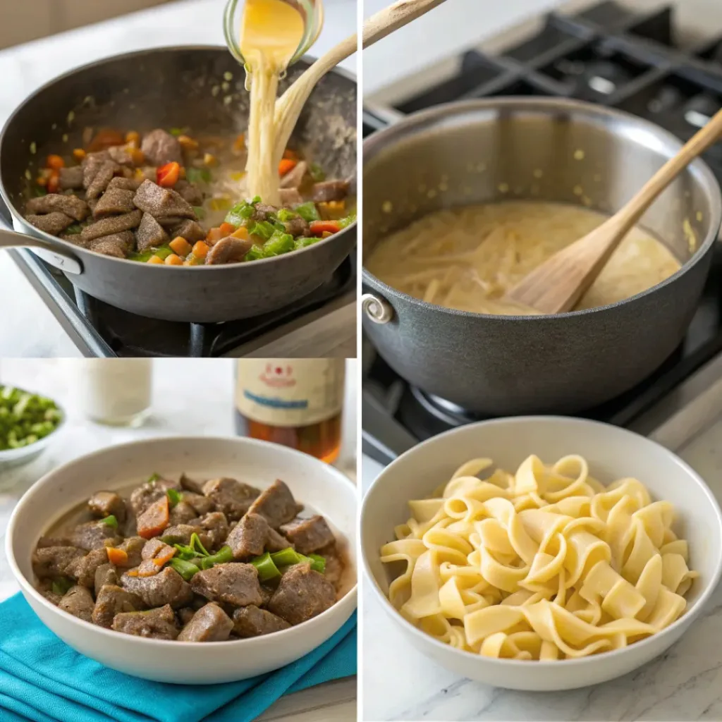 Cheesy Philly Cheesesteak Pasta with Peppers and Onions 7 Step-by-step collage of making Philly Cheesesteak Pasta