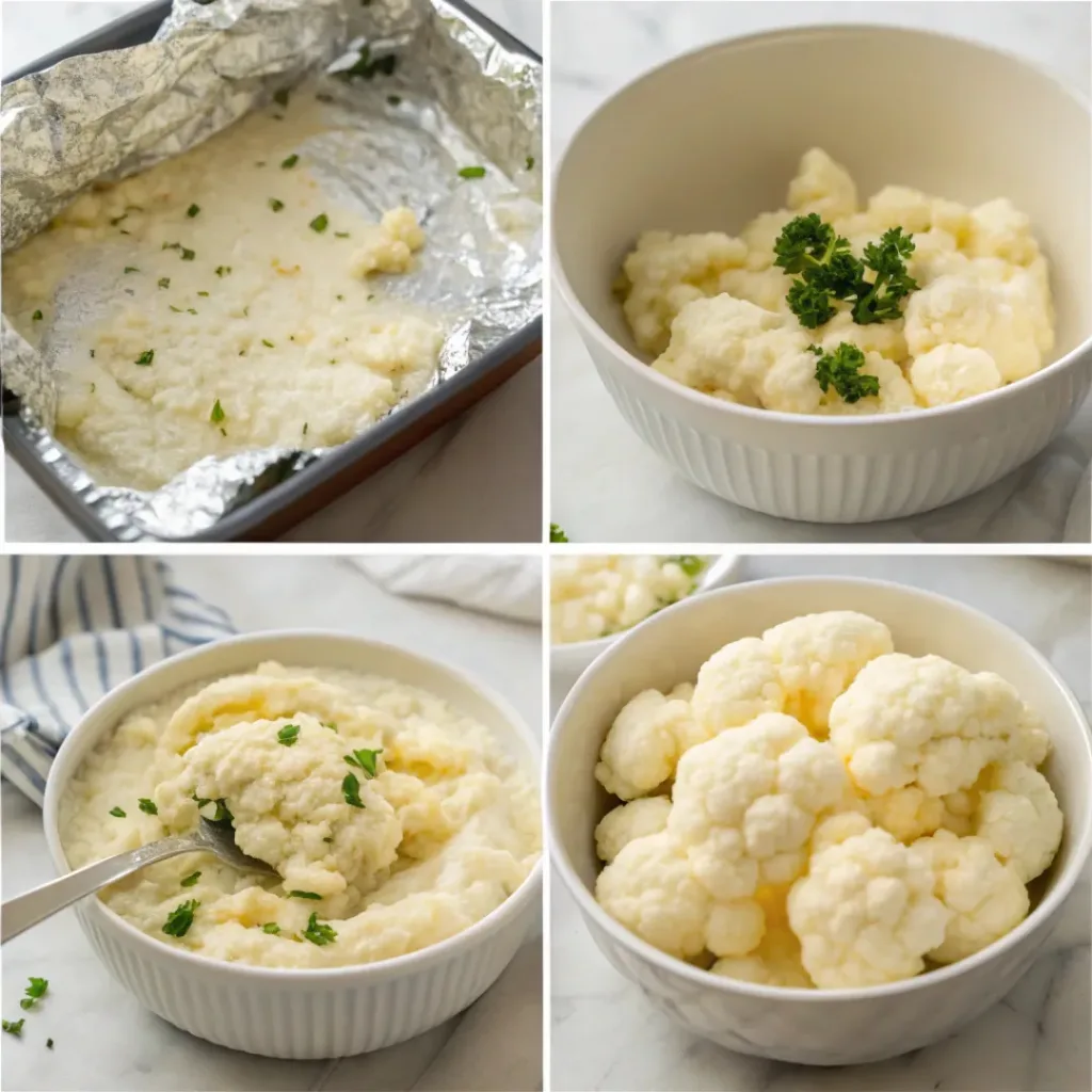 Roasted Garlic Mashed Cauliflower – Creamy, Low-Carb Comfort Food 3 Step-by-step collage of making roasted garlic mashed cauliflower