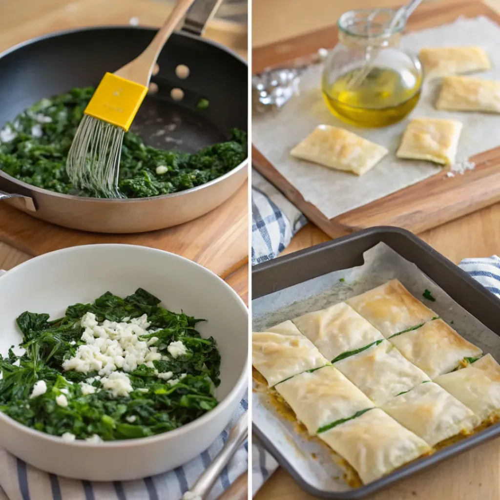 Homemade Spinach Feta Pie with Phyllo Crust 7 Step-by-step collage of making spinach feta pie
