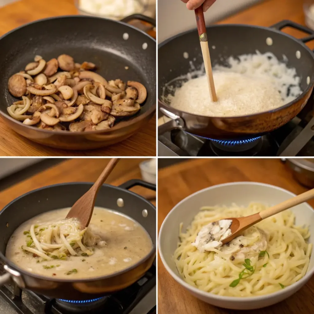 Best Vegan Mushroom Stroganoff – Quick 30-Minute Dinner 7 Step-by-step collage of making vegan mushroom stroganoff
