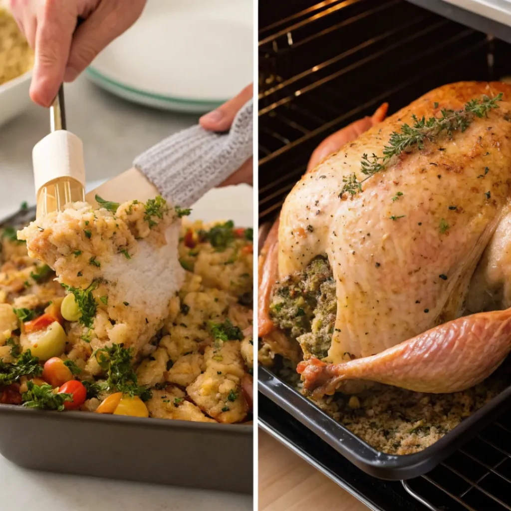 Roast Turkey – Moist & Delicious Meal 7 Collage showing turkey being seasoned, roasted, and carved