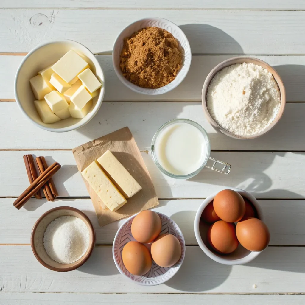 Overhead view of baking ingredients for cinnamon sugar rolls on wood