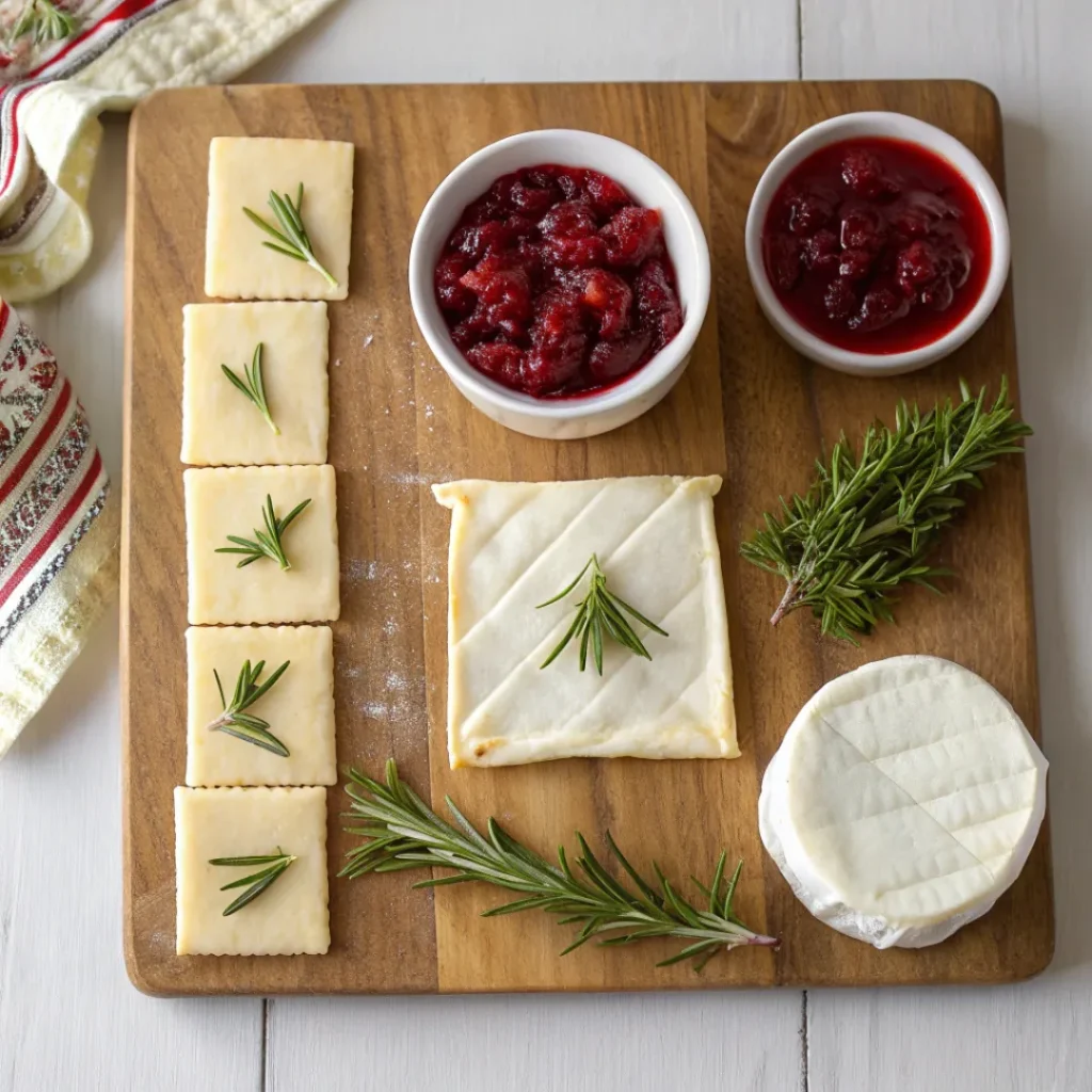 Overhead shot of puff pastry, brie, cranberry sauce, and herbs