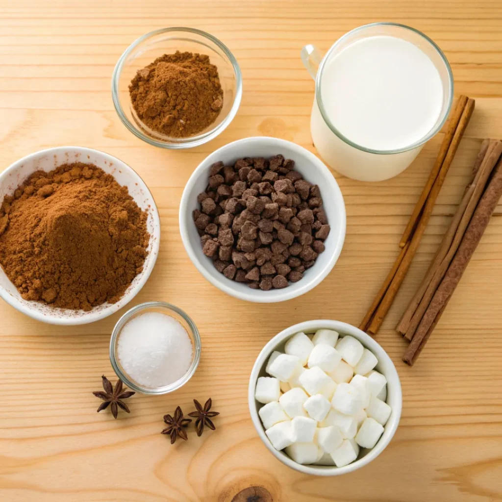 Overhead view of cocoa powder, chocolate chips, milk, and marshmallows