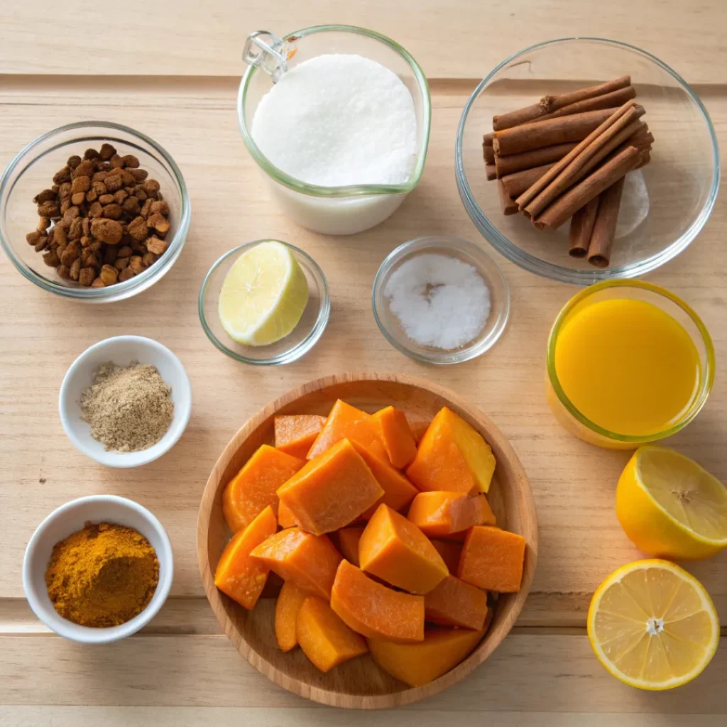 Overhead view of pumpkin slices, sugar, spices, and lemon juice