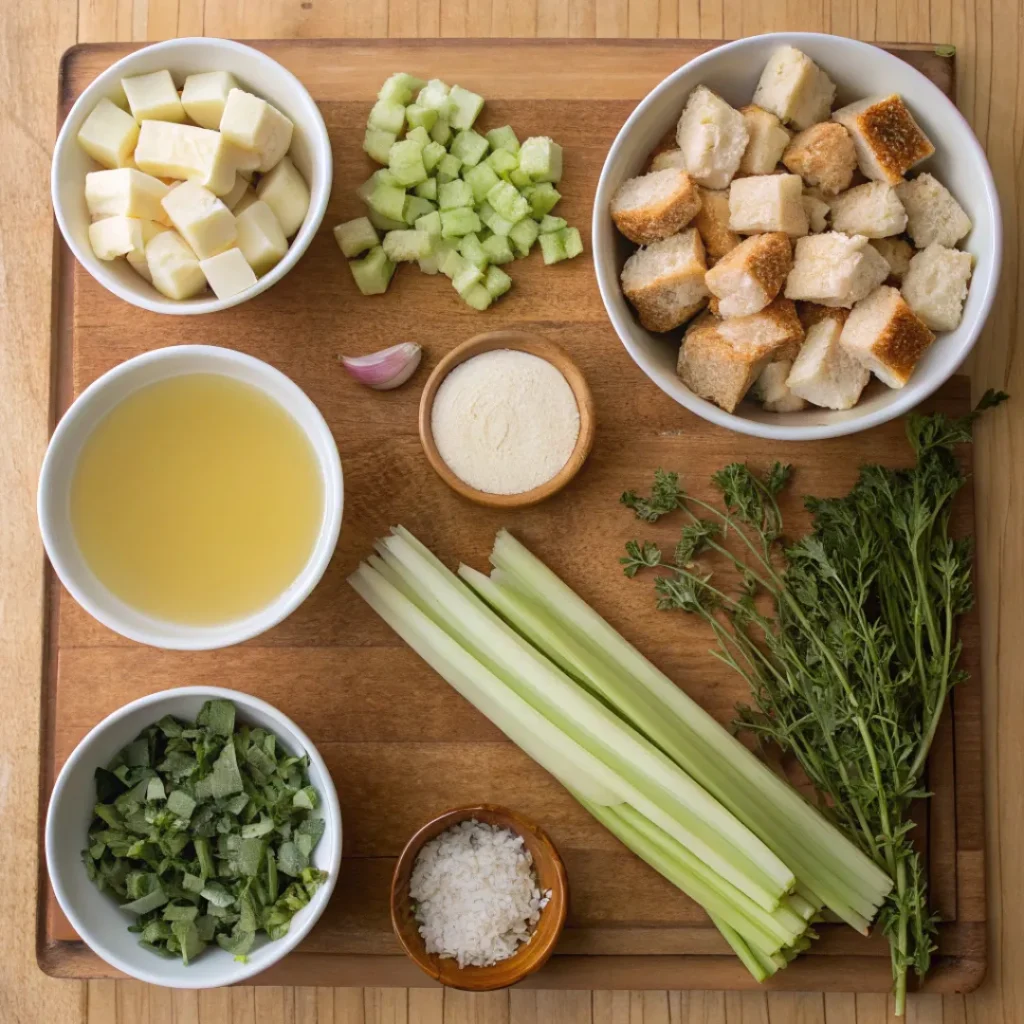 Bread cubes, butter, celery, onions, broth, and herbs on a counter