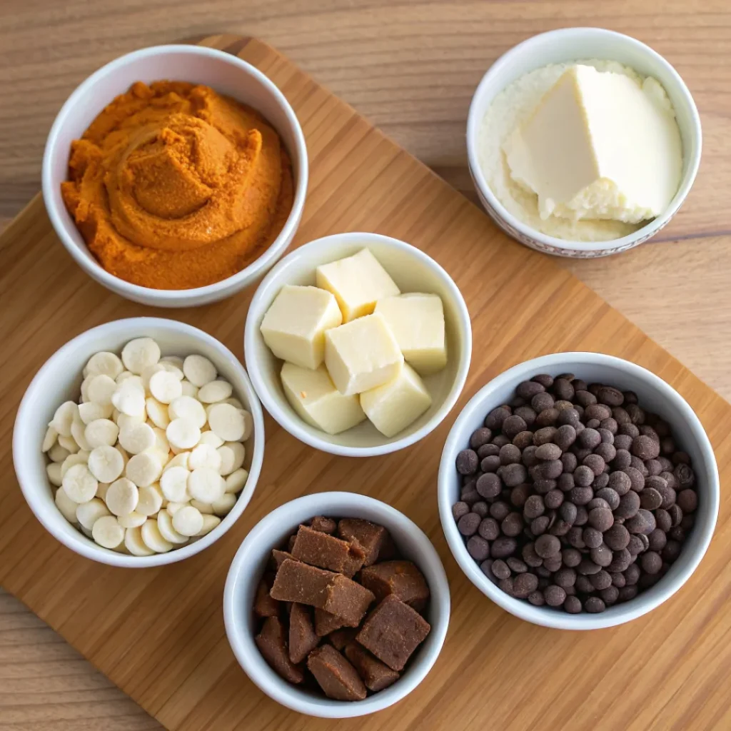 Overhead view of pumpkin puree, sugar, butter, and white chocolate