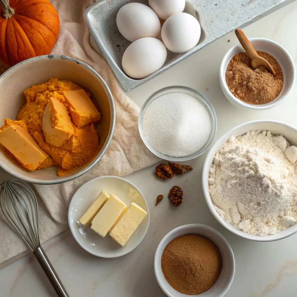 Overhead shot of pumpkin puree, spices, eggs, and cream cheese for pumpkin roll
