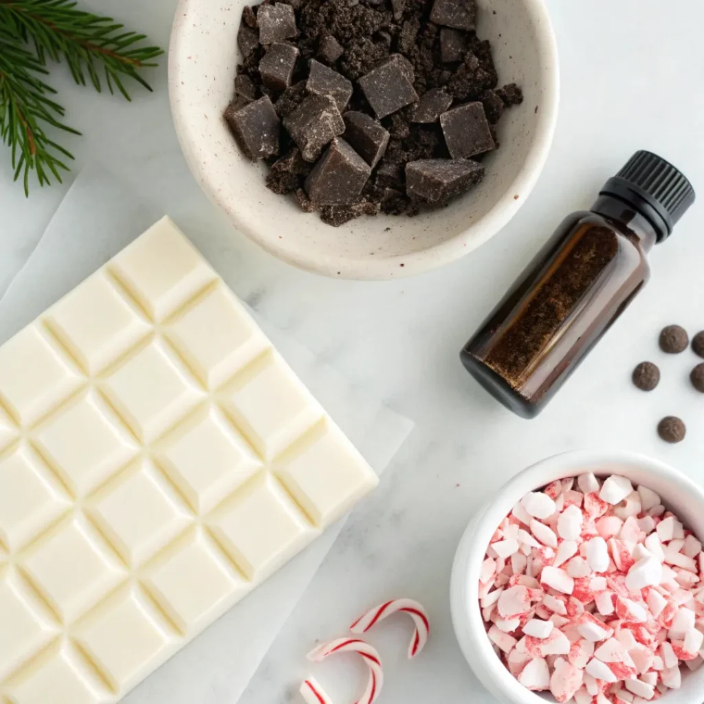 Overhead view of white and dark chocolate, peppermint extract, and crushed candy canes