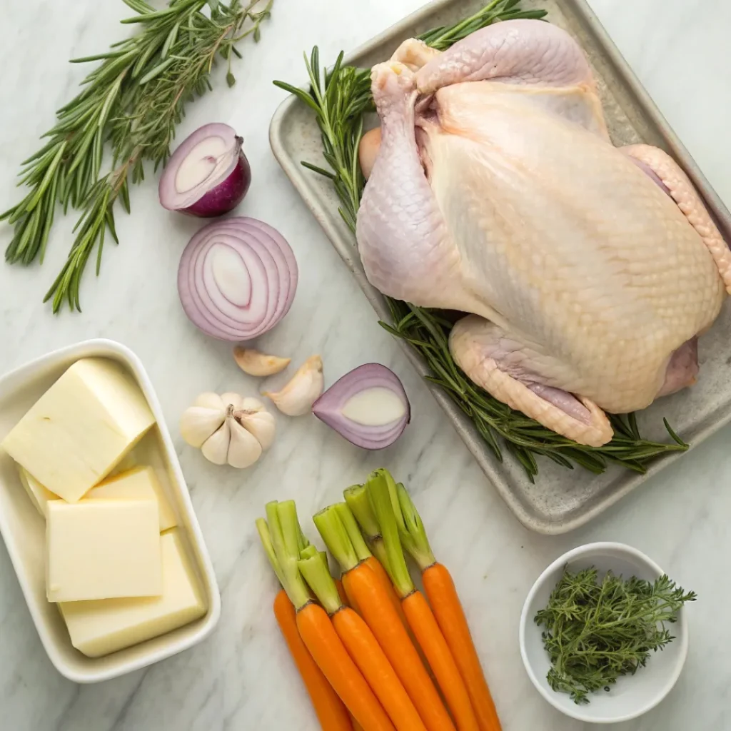 Roast Turkey – Moist & Delicious Meal 6 Raw turkey with butter, vegetables, and herbs arranged on a counter