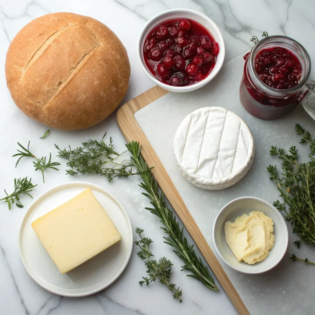 Bread loaf, brie cheese, cranberry sauce, butter, and herbs
