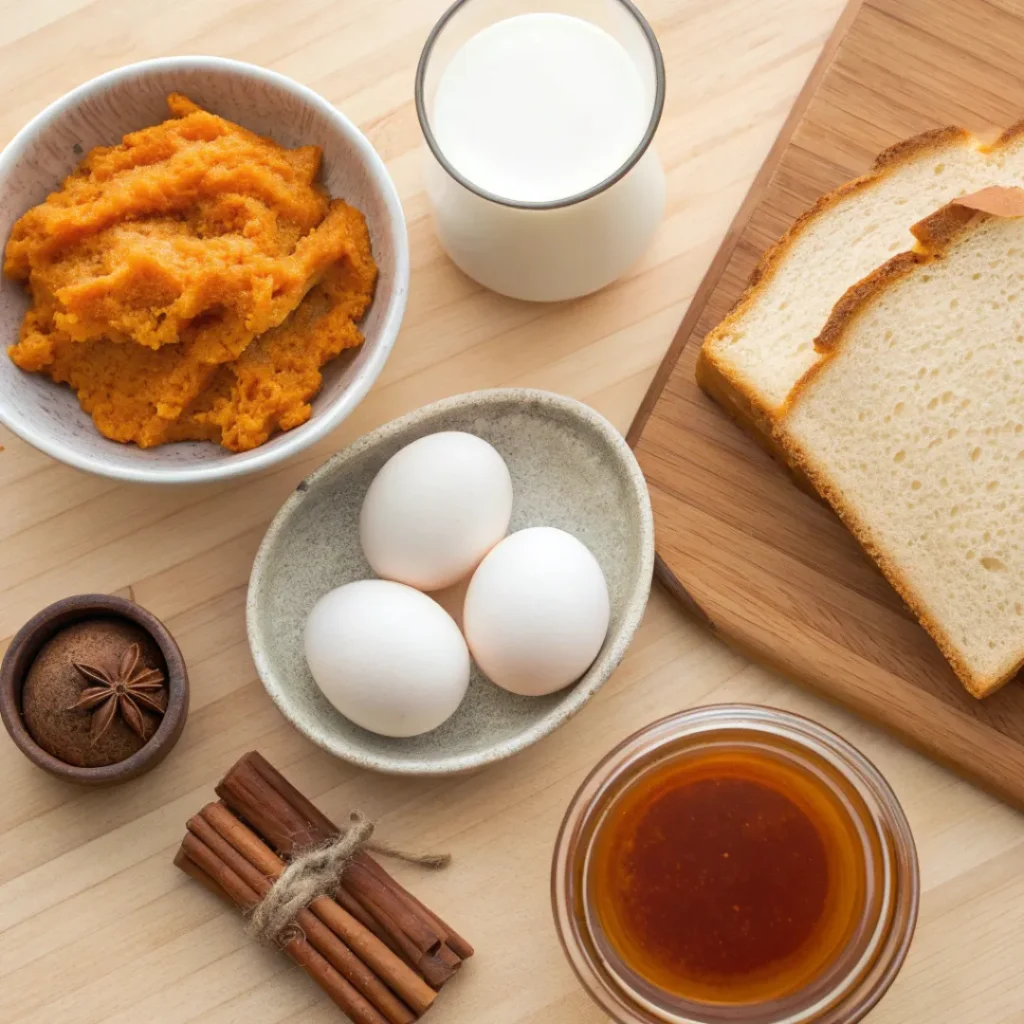 Overhead view of pumpkin puree, spices, eggs, and bread for french toast