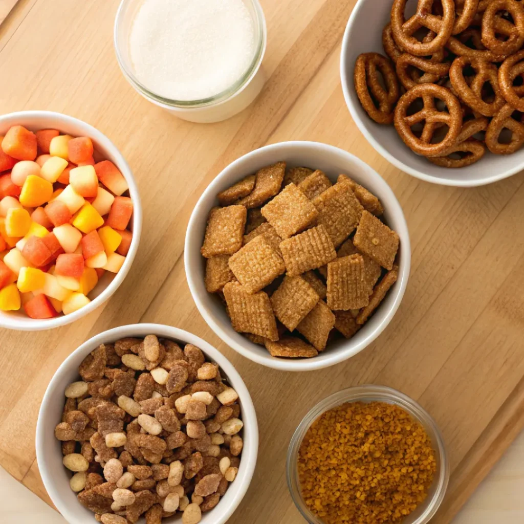 Overhead view of cereal, pretzels, nuts, and pumpkin spice seasoning
