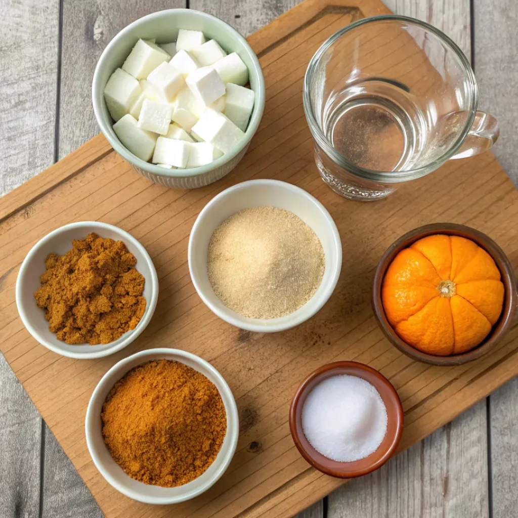 Overhead view of sugar, pumpkin spice, and water for sugar cubes