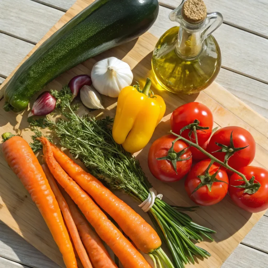 Overhead view of fresh vegetables, herbs, and olive oil