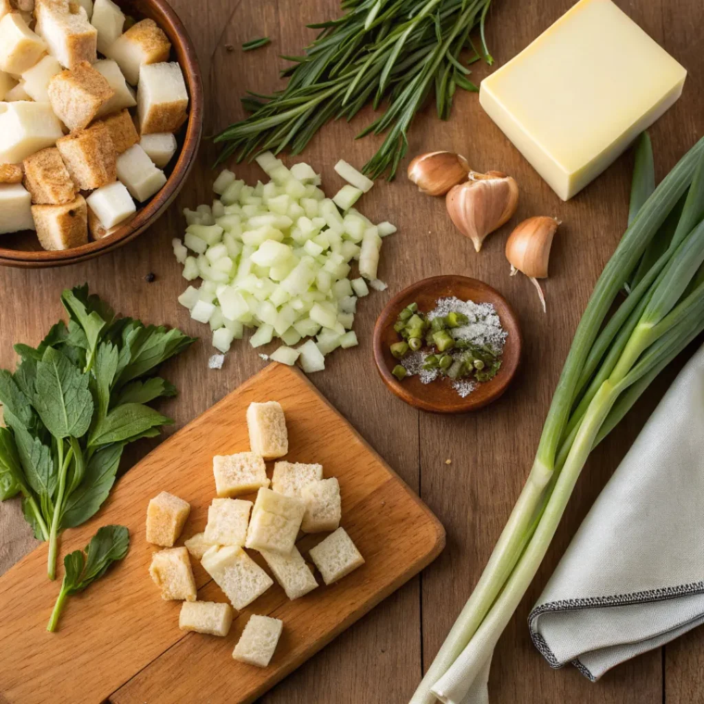 Overhead view of bread cubes, herbs, and vegetables for stuffing