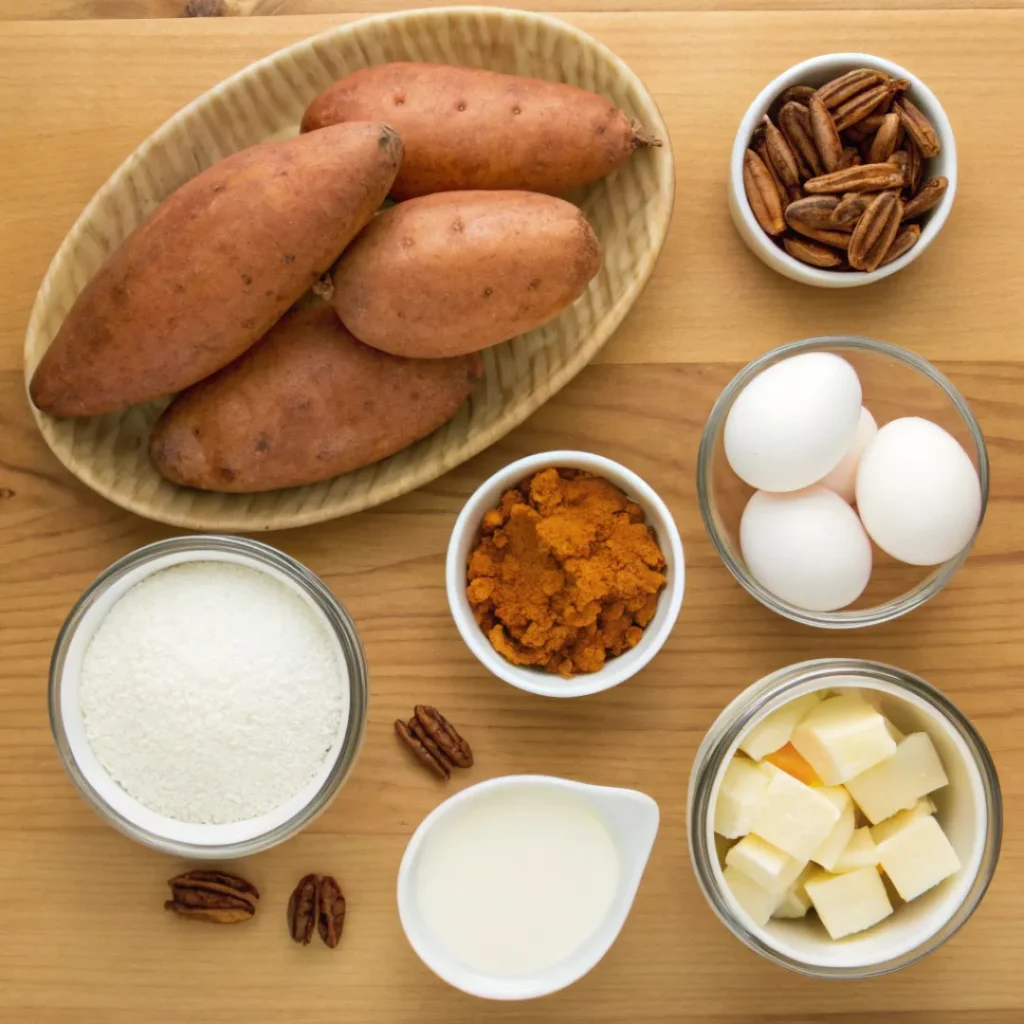 Sweet potatoes, butter, sugar, eggs, arranged on a counter
