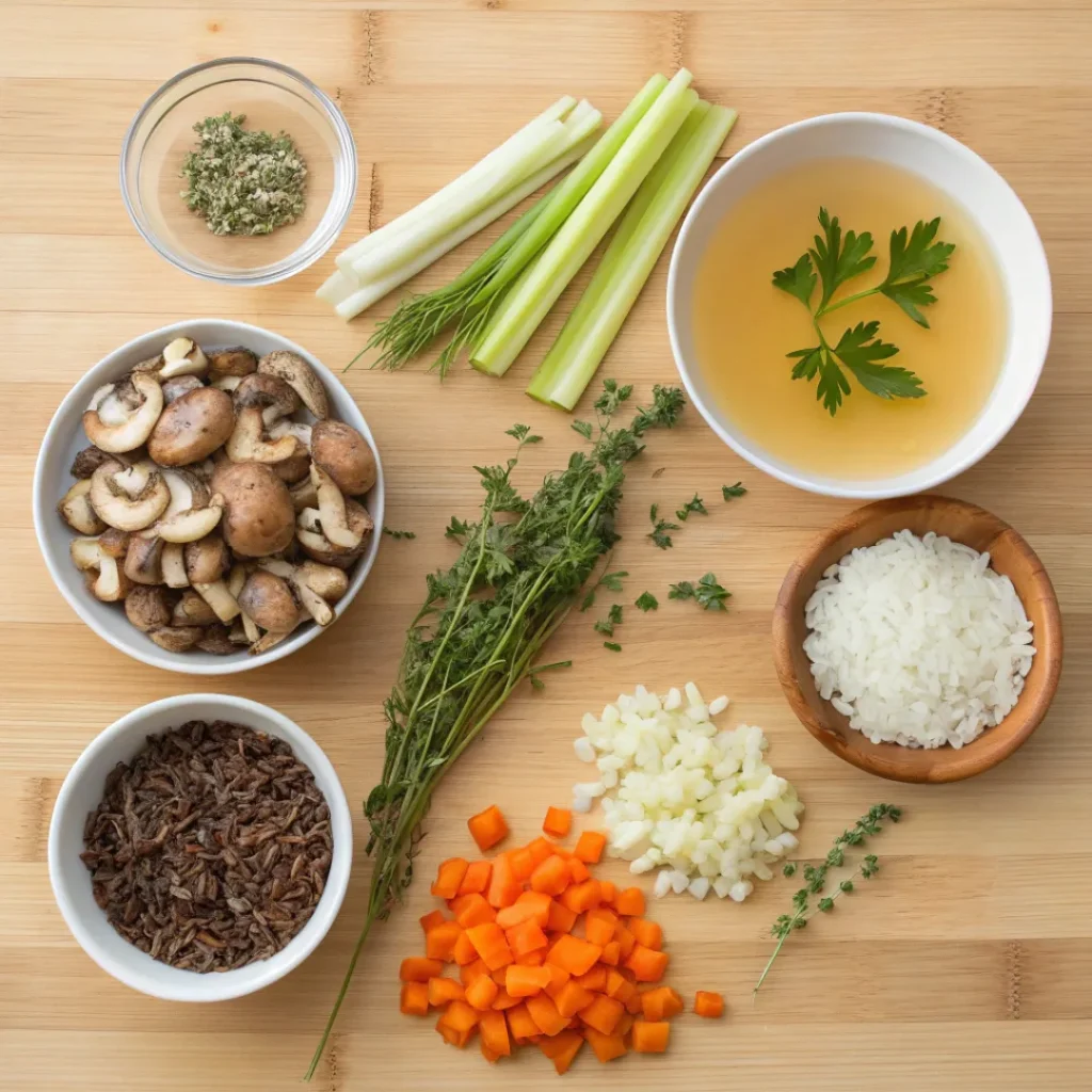 Overhead view of wild rice, mushrooms, vegetables, and herbs