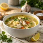 Bowl of Italian Penicillin Soup with lemon and herbs