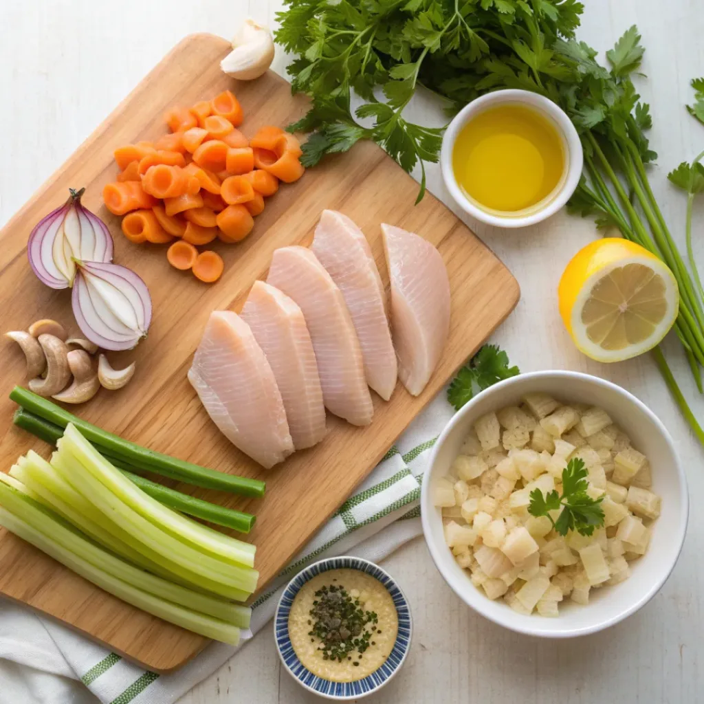 Comforting Italian Penicillin Soup Recipe with Herbs and Garlic 6 Flat lay of ingredients for Italian Penicillin Soup