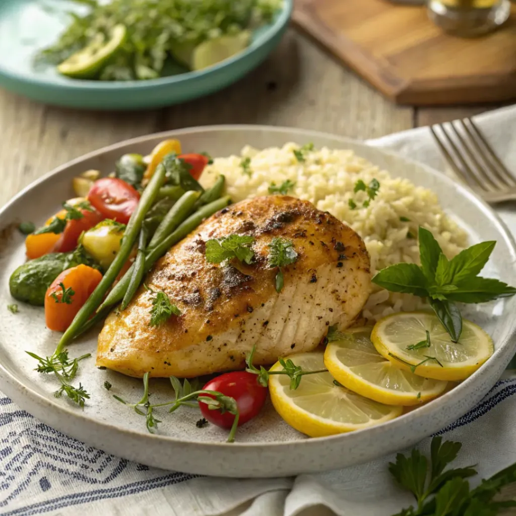 Sheet Pan Lemon Chicken – Easy One-Pan Dinner 8 Plate of lemon herb chicken with roasted vegetables and salad