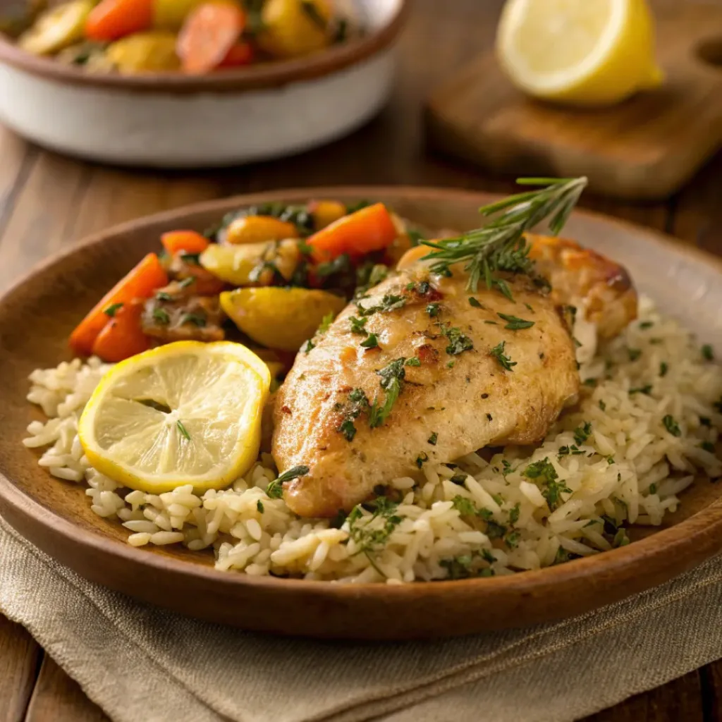 Lemon herb chicken and rice served with vegetables and lemon wedges