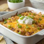 Cheesy loaded baked potato casserole with sour cream and chives