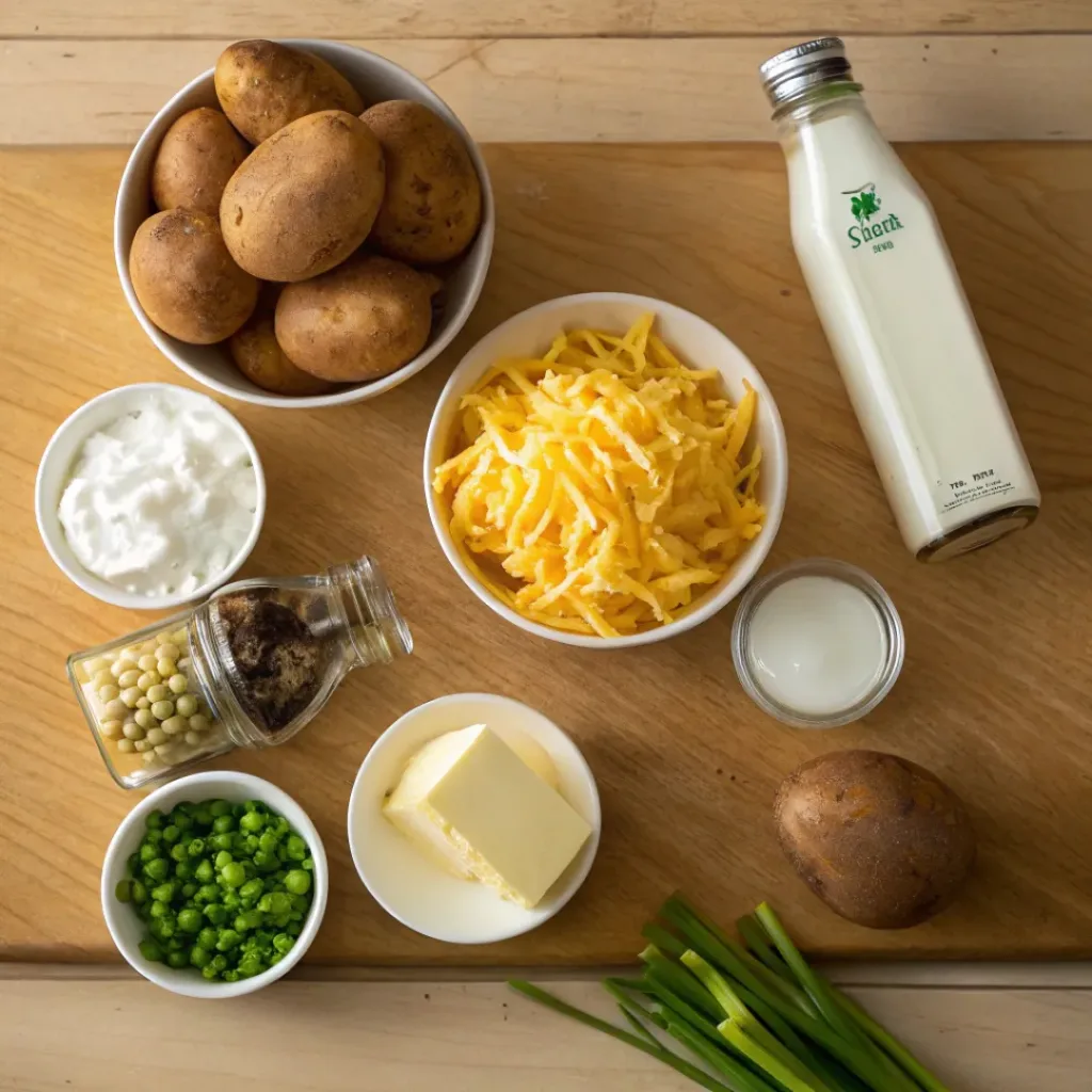 Cheesy Loaded Baked Potato Casserole – Ultimate Comfort Dish 6 Overhead view of ingredients for loaded baked potato casserole