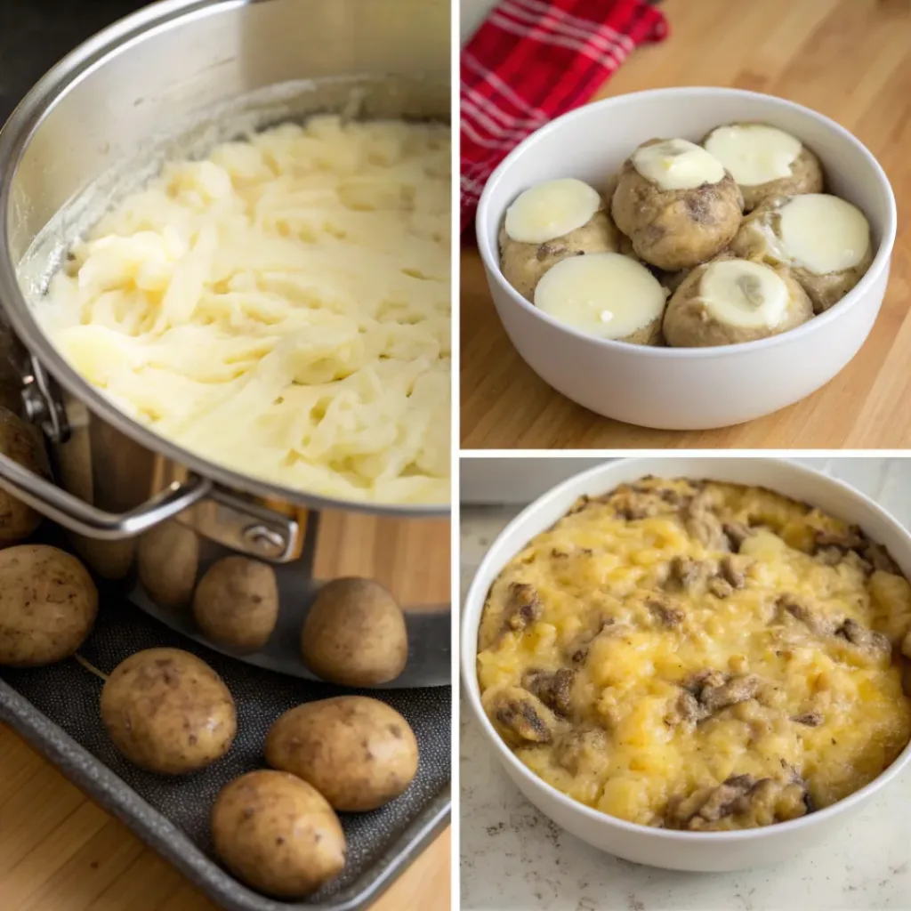 Cheesy Loaded Baked Potato Casserole – Ultimate Comfort Dish 7 Step-by-step collage showing how to make loaded baked potato casserole
