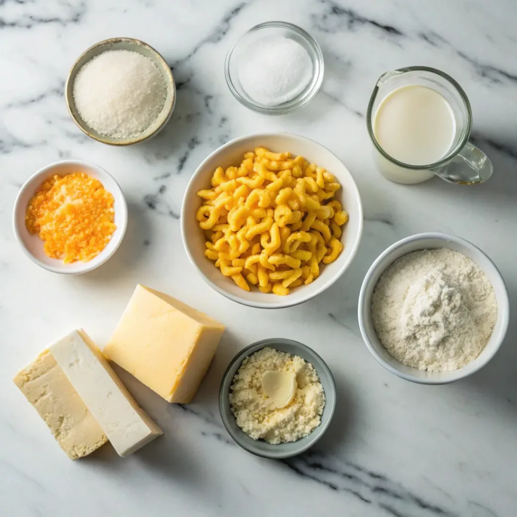 Classic Homemade Mac and Cheese – Creamy and Cheesy Comfort Food 6 Overhead view of ingredients for homemade mac and cheese