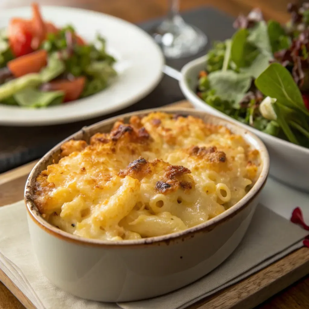 Classic Homemade Mac and Cheese – Creamy and Cheesy Comfort Food 8 Bowl of creamy baked mac and cheese served with side salad