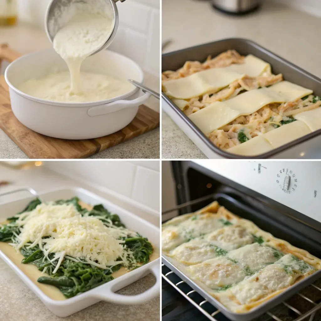 Step-by-step making chicken spinach lasagna