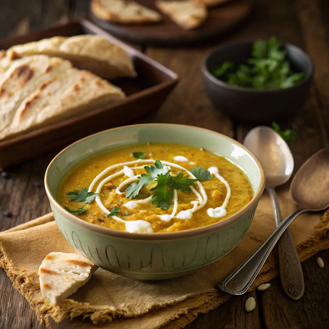 Bowl of creamy Mulligatawny soup with cilantro garnish