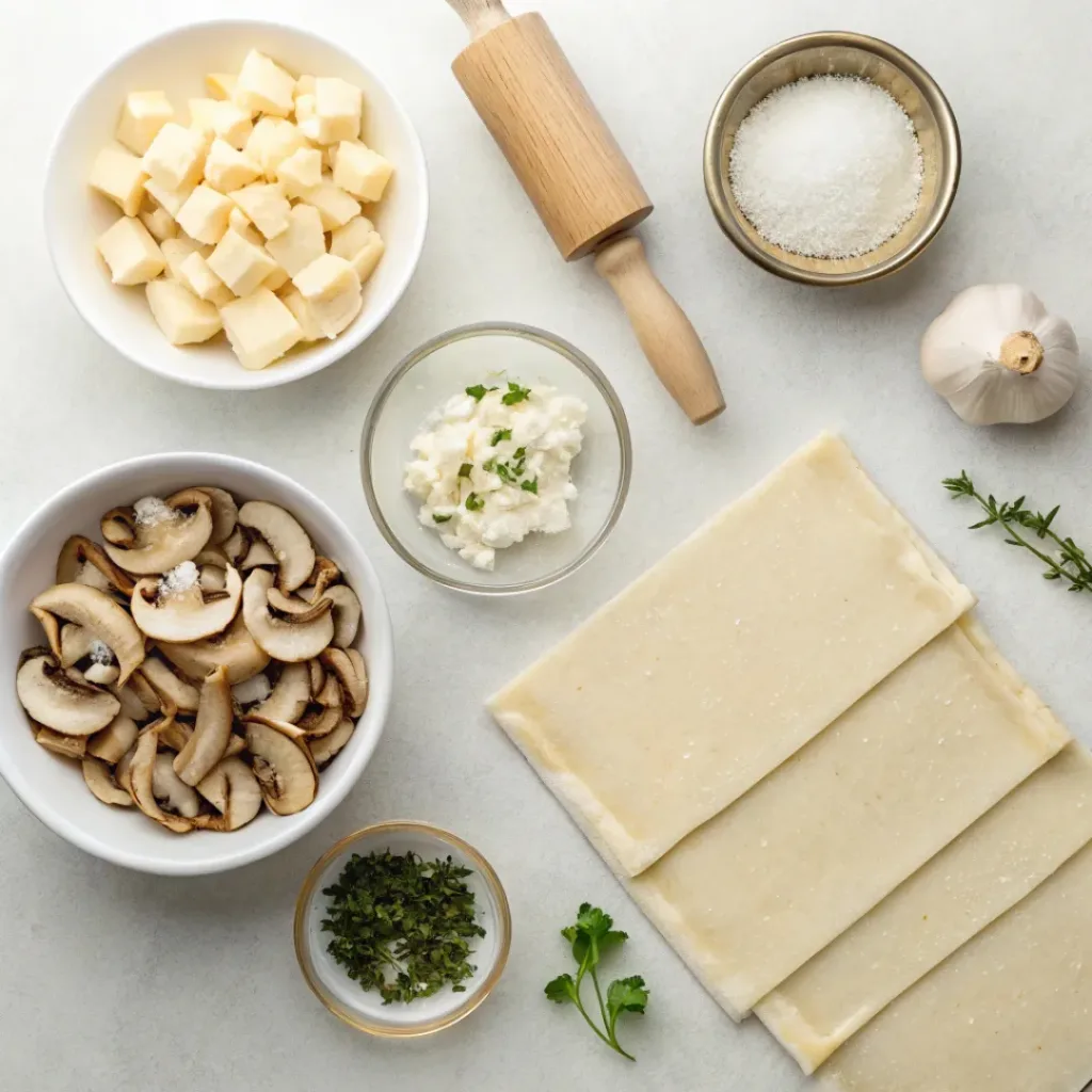 Mushroom Puffs – Flaky, Savory Bites of Perfection 6 Flat lay of ingredients for Mushroom Puffs recipe