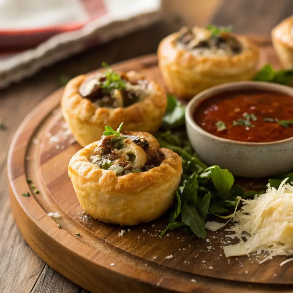 Mushroom Puffs – Flaky, Savory Bites of Perfection 8 Mushroom Puffs served on a board with herbs and sauce