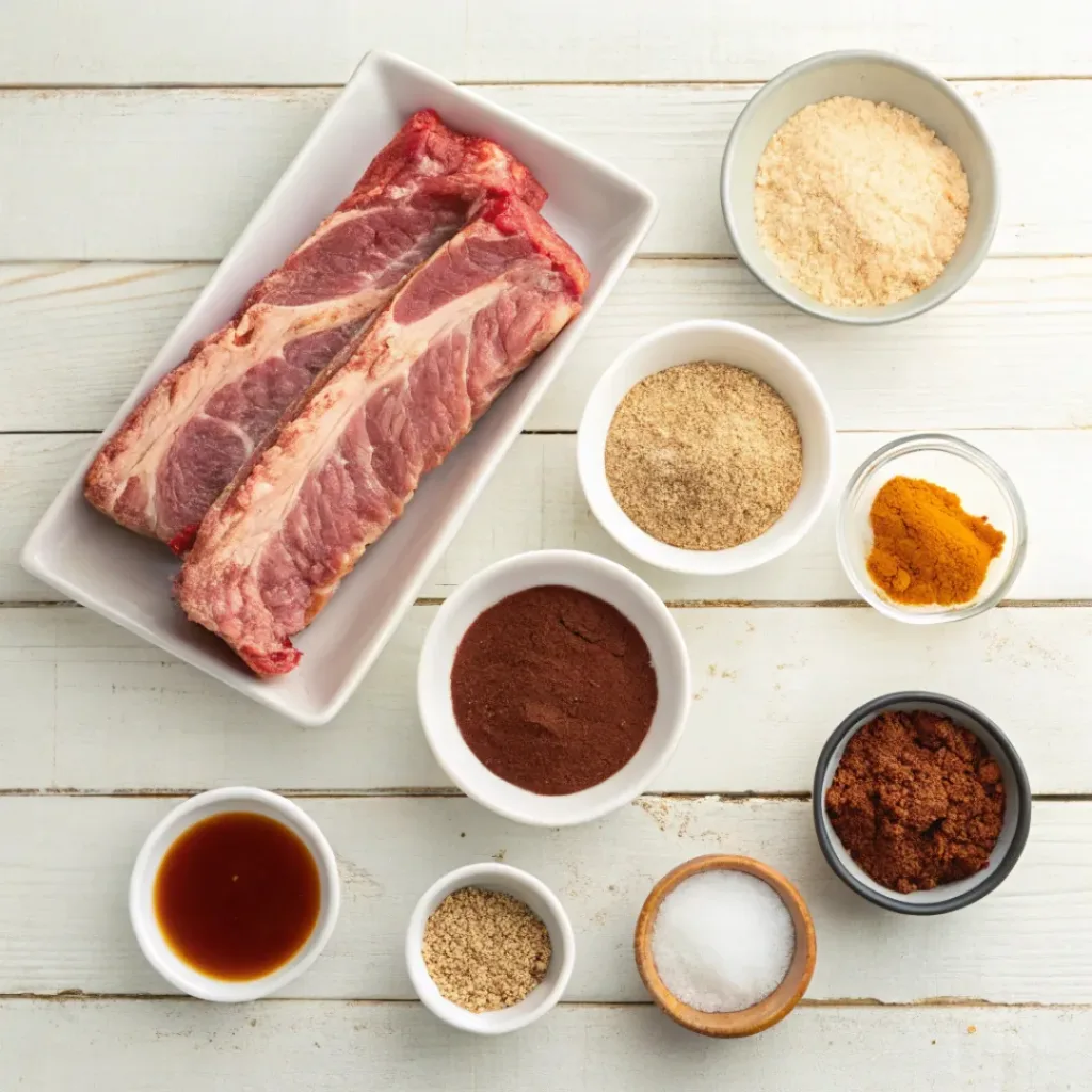 Oven Baked Beef Back Ribs – Tender and Juicy 6 Overhead view of ingredients for oven-baked beef ribs