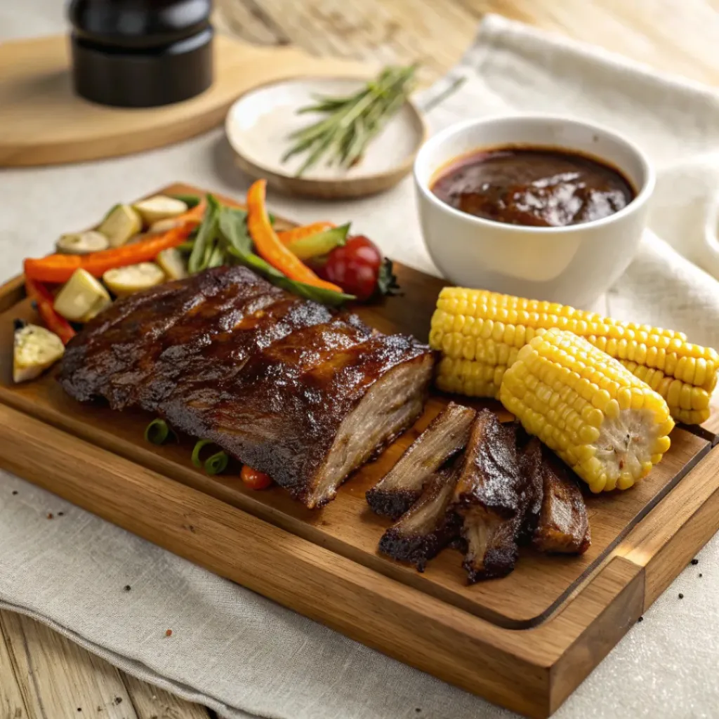 Oven Baked Beef Back Ribs – Tender and Juicy 8 Oven-baked beef back ribs served with roasted vegetables and barbecue sauce