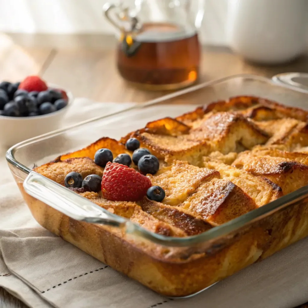 Baked overnight French toast casserole with syrup and berries