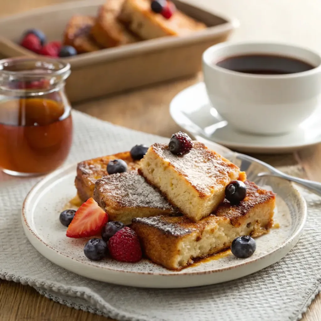 Baked French Toast Casserole for Breakfast or Brunch 8 Sliced overnight French toast casserole with syrup and berries