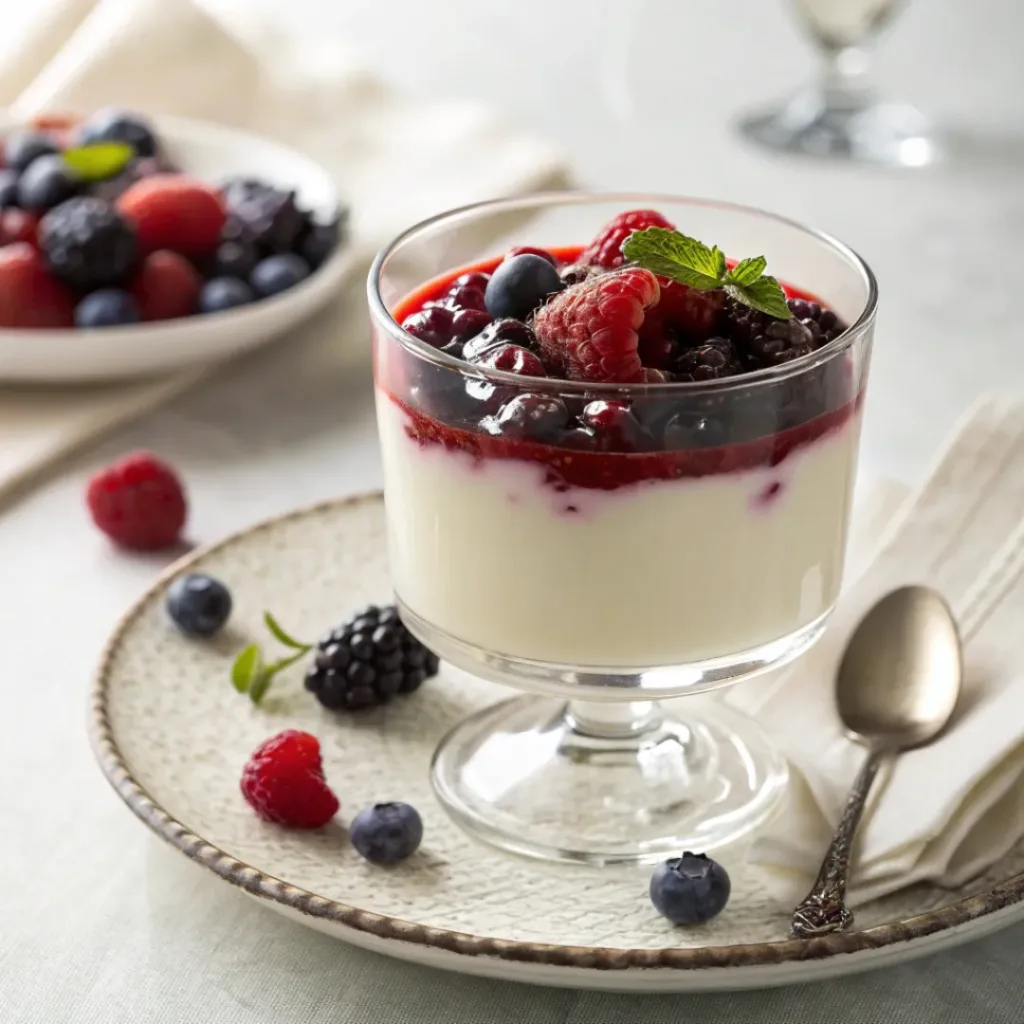 Classic vanilla panna cotta with berry topping