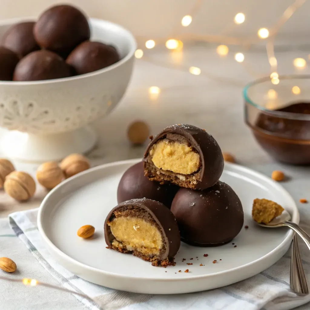Chocolate covered peanut butter balls on a plate