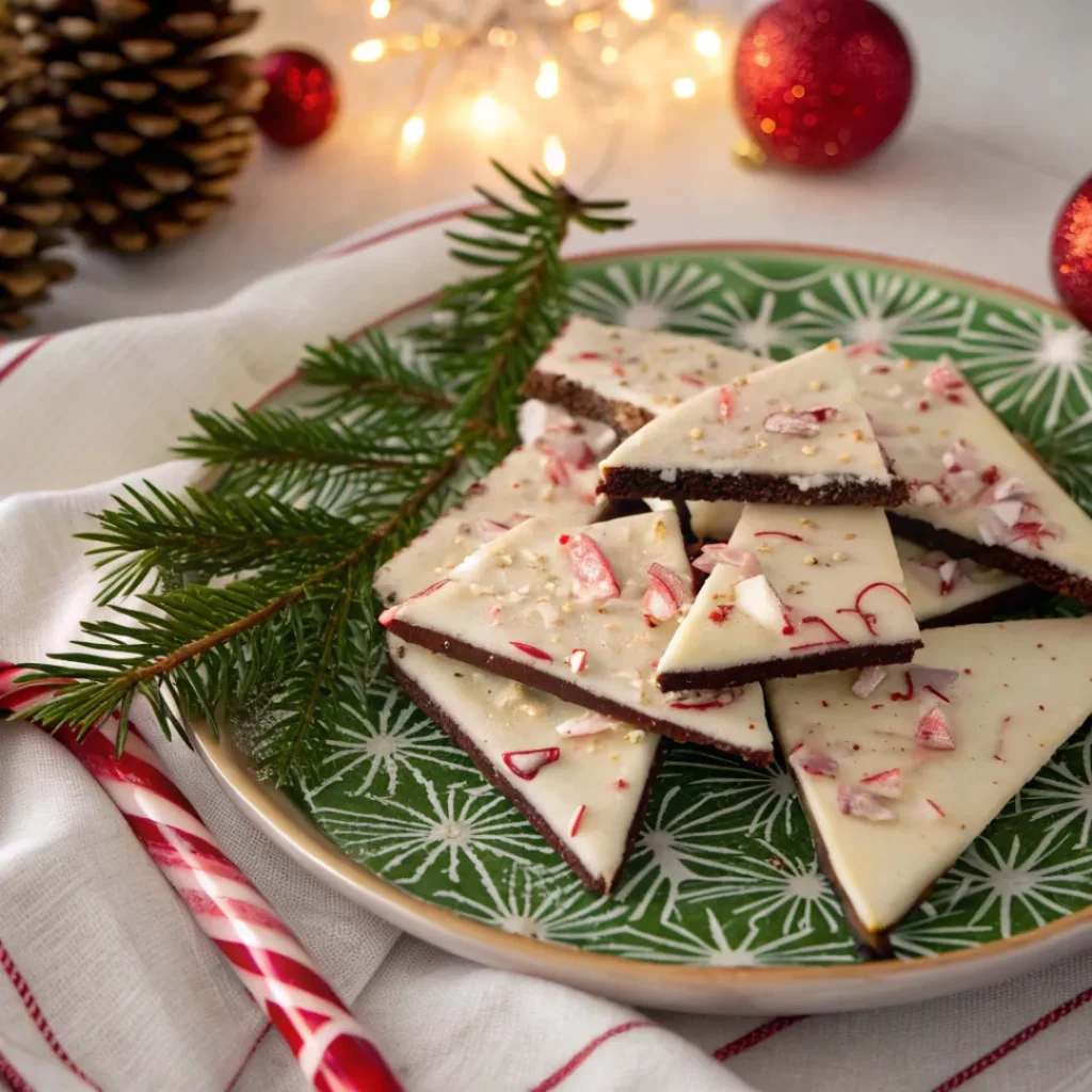 Pieces of peppermint bark with crushed candy canes on a decorated holiday plate