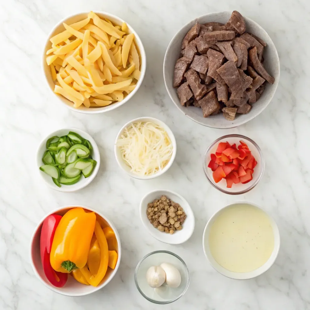 Cheesy Philly Cheesesteak Pasta with Peppers and Onions 6 Flat lay of ingredients for Philly Cheesesteak Pasta