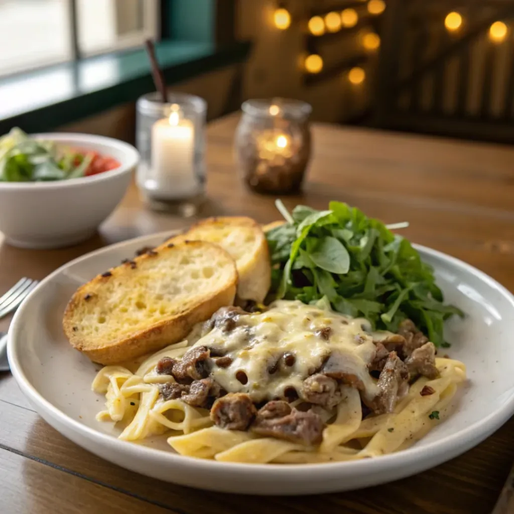 Cheesy Philly Cheesesteak Pasta with Peppers and Onions 8 Creamy Philly Cheesesteak Pasta served with garlic bread